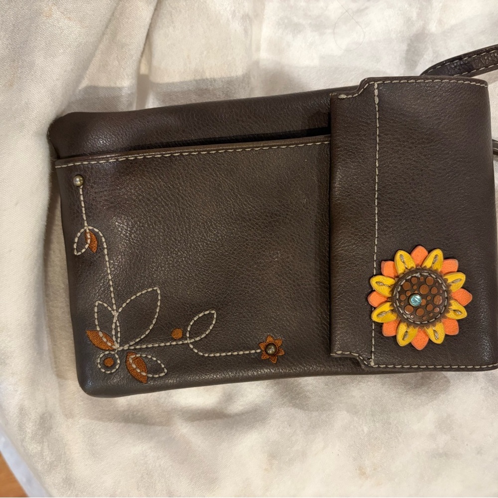Chala Brown Crossbody Bag with Sunflower Accent
